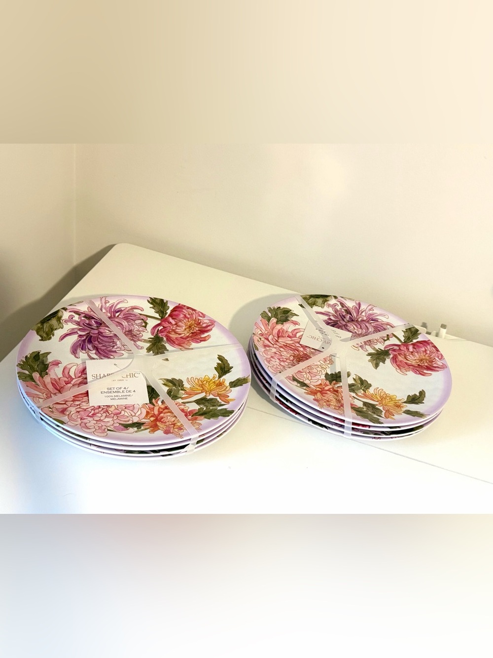 Shabby Chic Set of 8 Floral Melamine Dinner Plates 10.5” Pink Purple Flowers New
